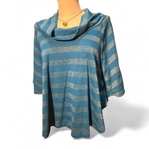 vintage 2000s New Directions Blue and Silver Striped Cowl Neck top